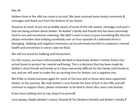 A post on Amber Beckford's Instagram page explaining why her Twitter account has been deactivated