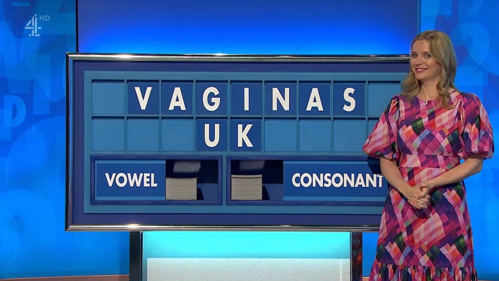 Rachel Riley on Countdown, laughing as 'VAGINAS UK' is shown on the board behind her.