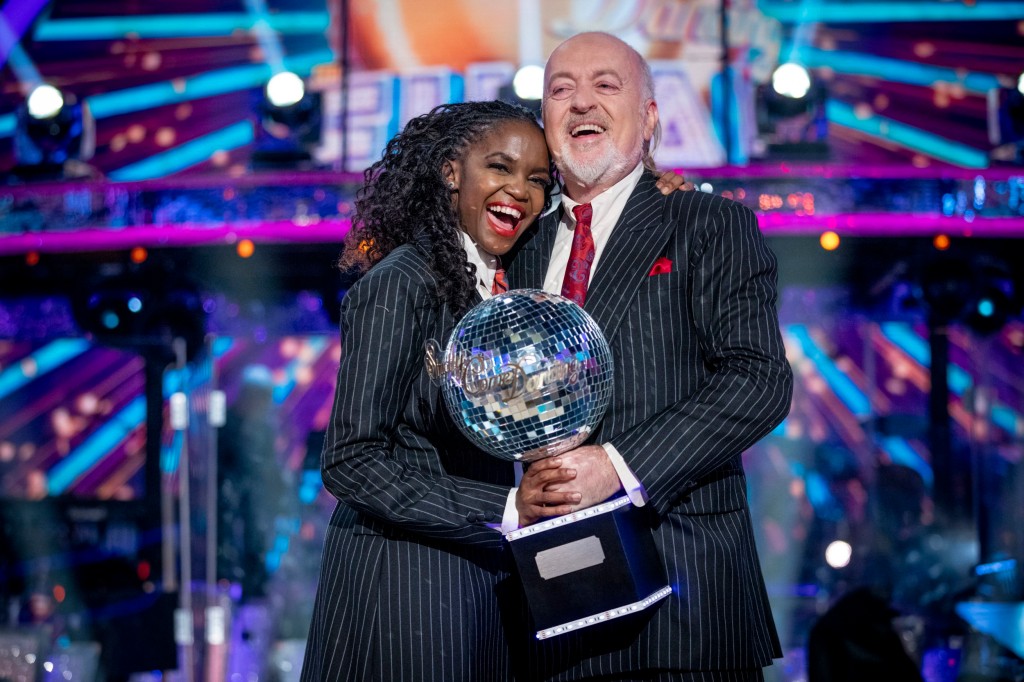 Undated BBC handout photo of Bill Bailey and Oti Mabuse, winners the final of Strictly Come Dancing 2020. PA Photo. Issue date: Saturday December 19, 2020. Bill Bailey has won this year?s Strictly Come Dancing ? becoming the oldest contestant to lift the glitterball trophy. The comedian, 55, and his professional dance partner Oti Mabuse, triumphed over their younger rivals in a viewers? vote. See PA story SHOWBIZ Strictly. Photo credit should read: Guy Levy/BBC/PA Wire For use in UK, Ireland or Benelux countries only NOTE TO EDITORS: Not for use more than 21 days after issue. You may use this picture without charge only for the purpose of publicising or reporting on current BBC programming, personnel or other BBC output or activity within 21 days of issue. Any use after that time MUST be cleared through BBC Picture Publicity. Please credit the image to the BBC and any named photographer or independent programme maker, as described in the caption.