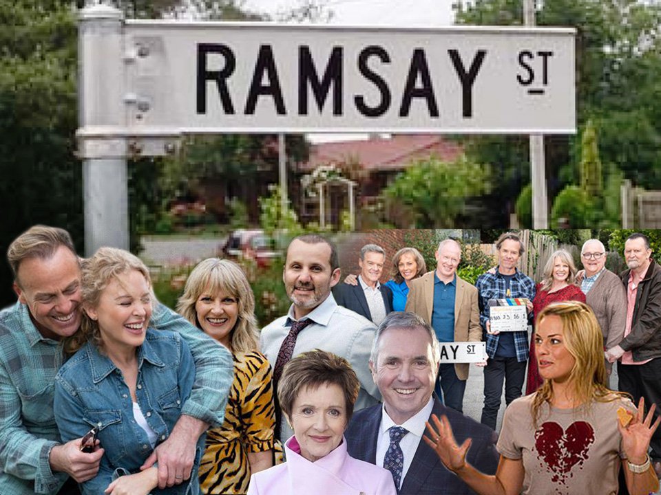 Neighbours collage including Kylie Minogue, Jason Donovan, Margot Robbie under Ramsay Street sign