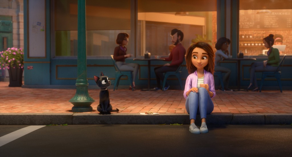 A screenshot from the animated movie Luck, featuring a girl sat on a pavement next to a black cat.