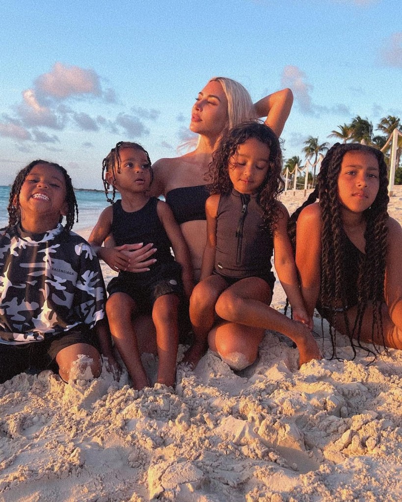 Kim Kardashian with her kids North, Saint, Chicago, and Psalm