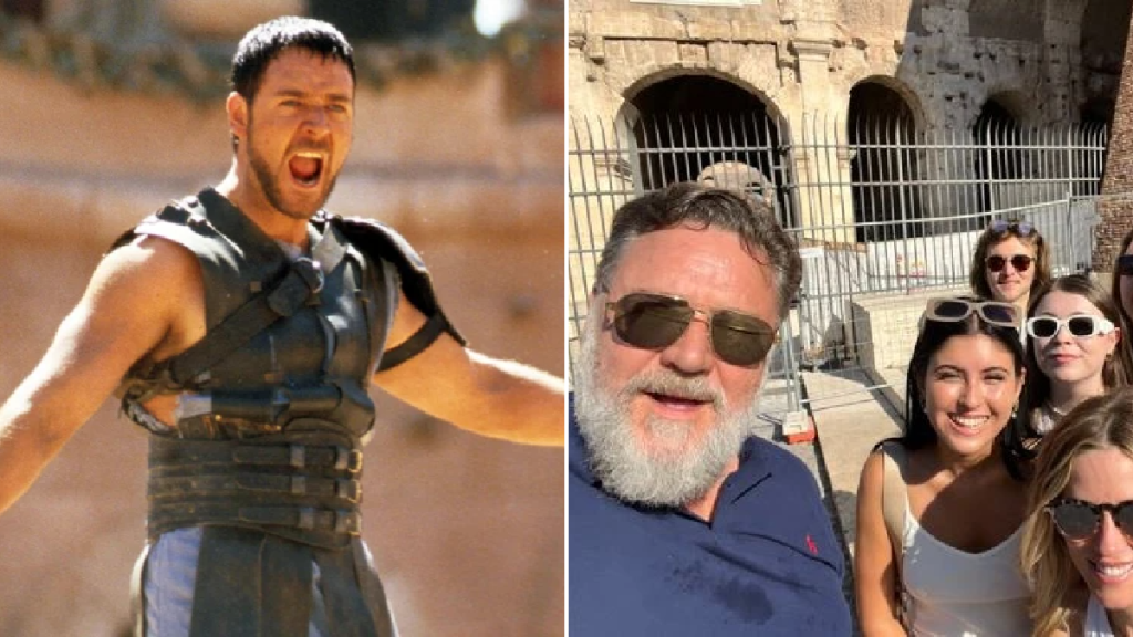 Gladiator star Russell Crowe takes kids to see his ‘old office’ and are they not entertained? When in Rome...