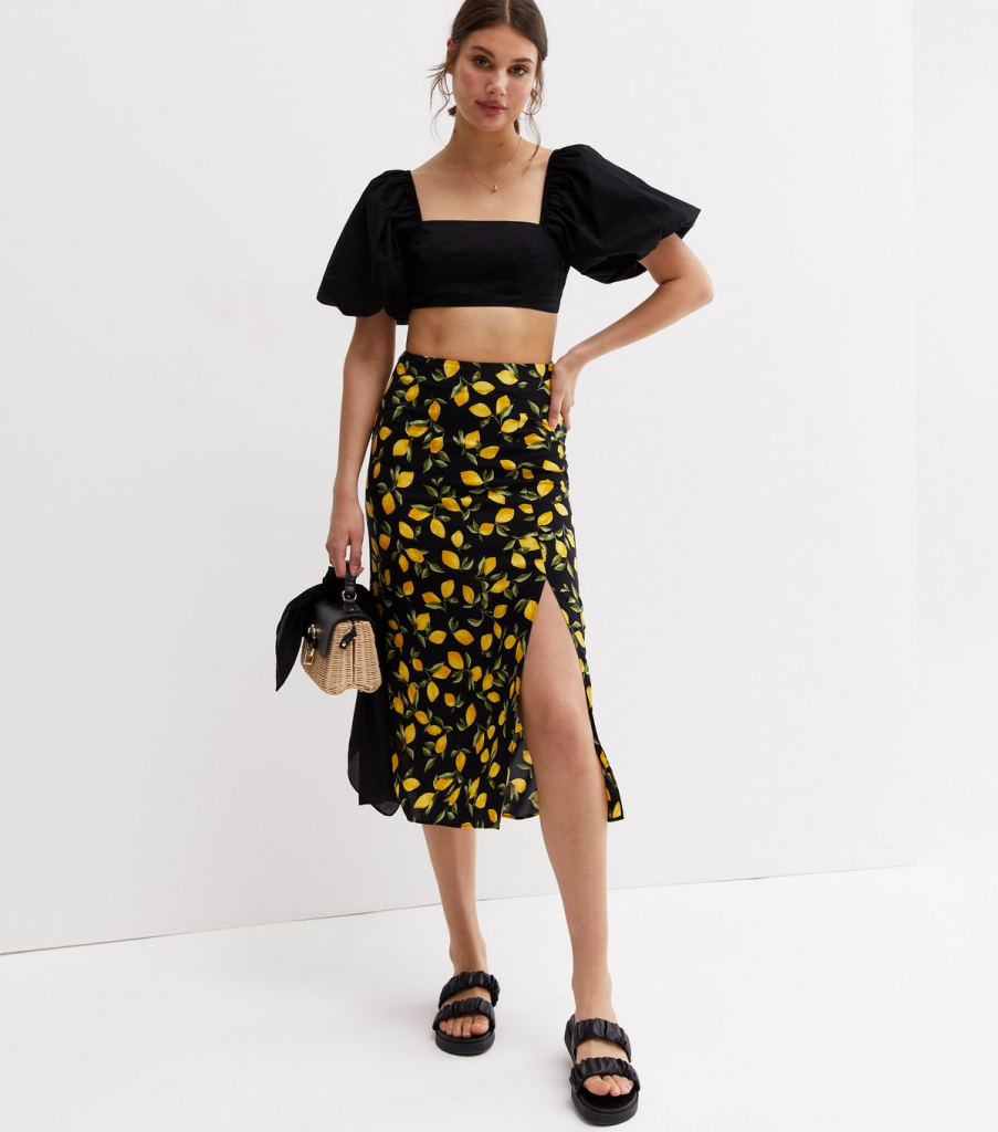 New Look Black Lemon Split Midi Skirt
