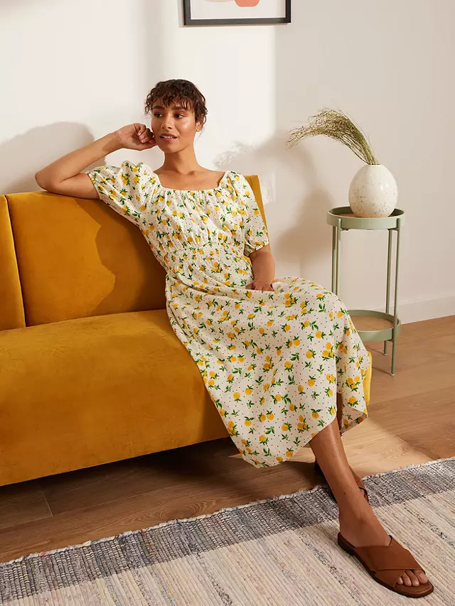 Lemon Print Shirred Dress