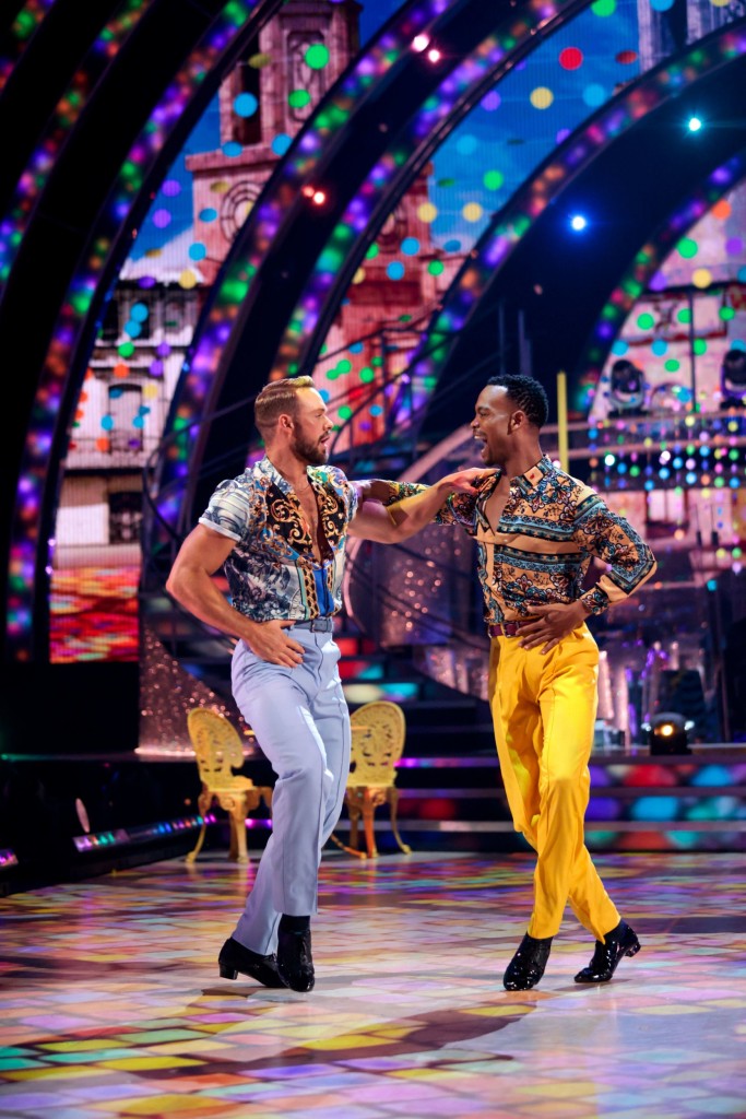 For use in UK, Ireland or Benelux countries only BBC handout photo of John Whaite, Johannes Radebe during the live show of Saturday's BBC1's Strictly Come Dancing. Issue date: Saturday November 13, 2021. PA Photo. See PA story SHOWBIZ Strictly . Photo credit should read: Guy Levy/BBC/PA Wire NOTE TO EDITORS: This handout photo may only be used in for editorial reporting purposes for the contemporaneous illustration of events, things or the people in the image or facts mentioned in the caption. Reuse of the picture may require further permission from the copyright holder.
