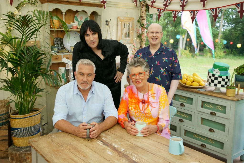 Great British Bake Off S5 FINAL. Paul Hollywood, Noel Feilding, Prue Leith and Matt Lucas inside the 2021 fent for GBBO