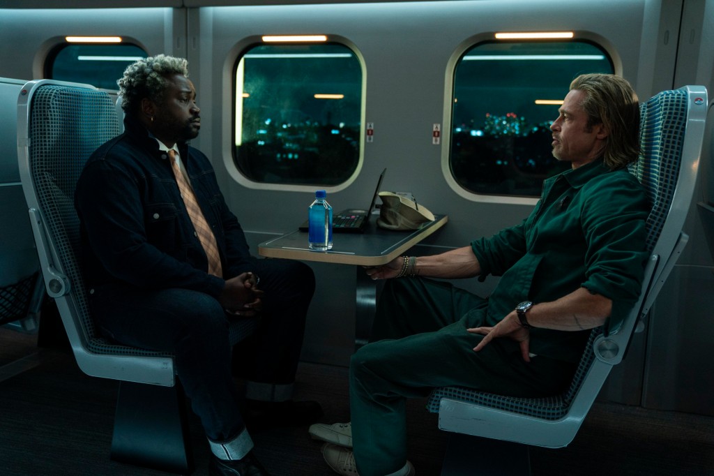 This image released by Sony Pictures shows Bryan Tyree Henry, left, and Brad Pitt in a scene from 