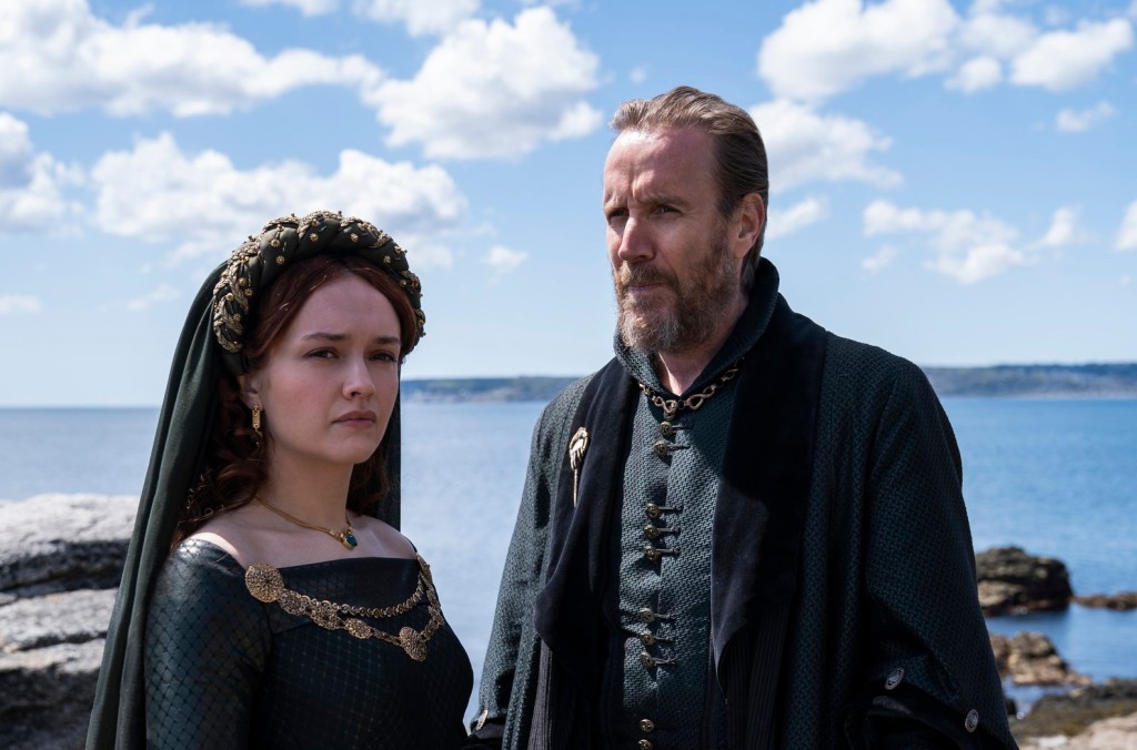 Olivia Cooke as Alicent Hightower and Rhys Ifans as Otto Hightower in House of the Dragon