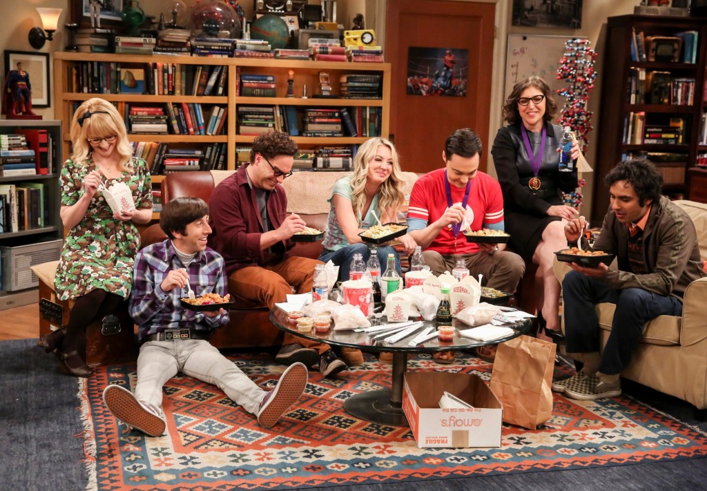 This photo provided by CBS shows Melissa Rauch, from left, Simon Helberg, Johnny Galecki, Kaley Cuoco, Jim Parsons, Mayim Bialik and Kunal Nayyar in a scene from the series finale of 