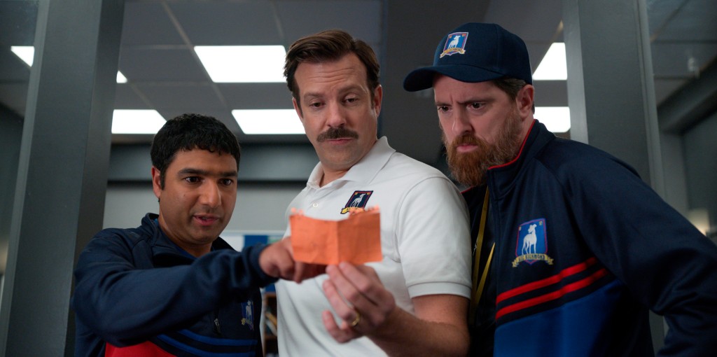 Nick (from left), Jason Sudeikis (centre) and Brendan Hunt (right) in Ted Lasso