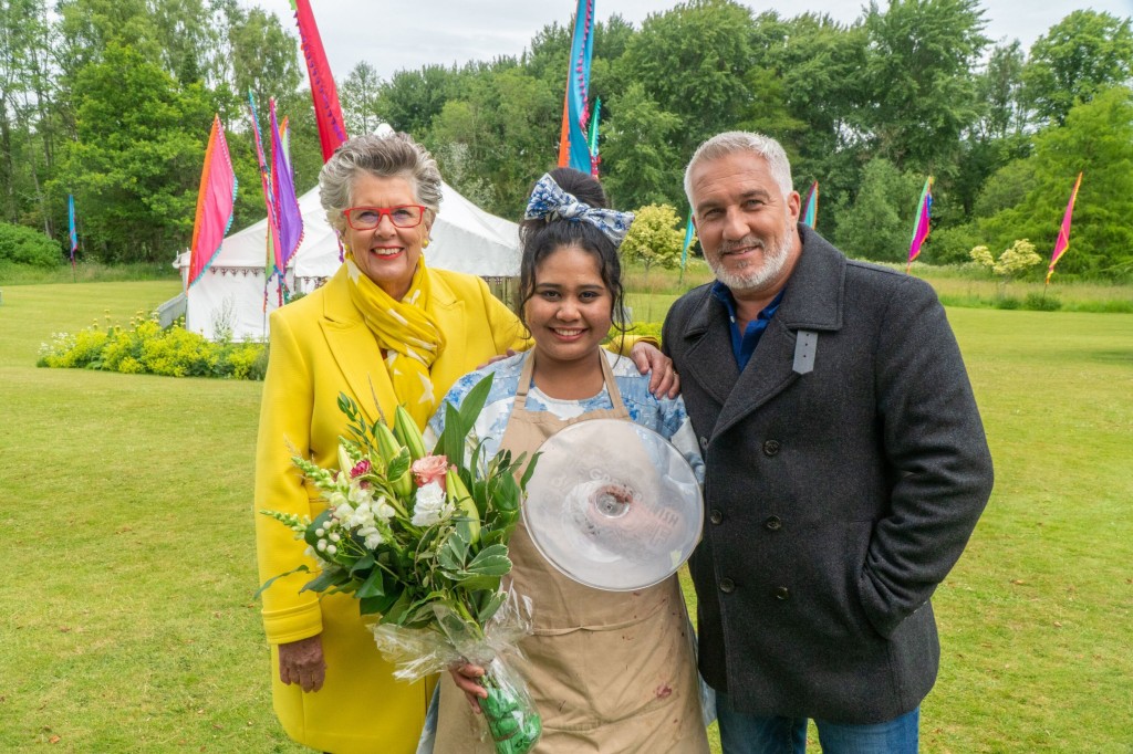 Great British Bake Off 2022 winner Syabira Yusoff with judges Paul Hollywood and Prue Leith. 