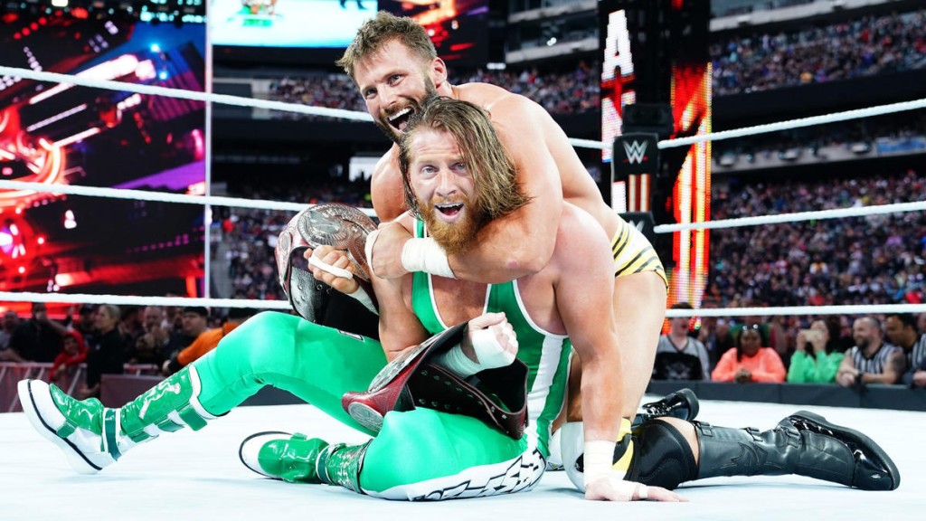 WWE superstars Zack Ryder and Curt Hawkins win the Raw Tag Team Championships at WrestleMania 35
