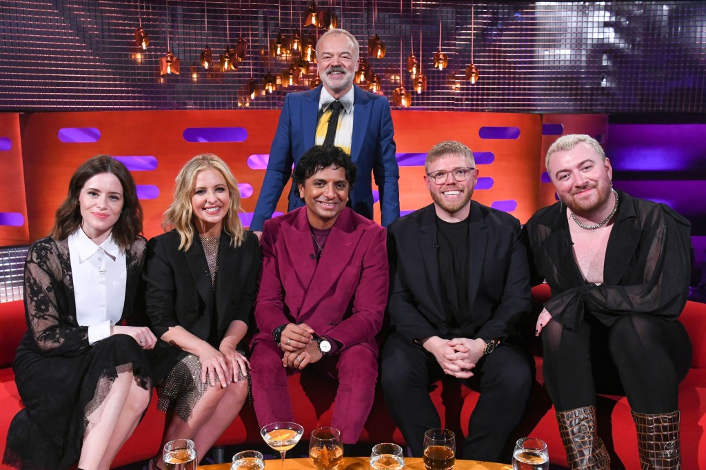 Host Graham Norton (back row) with (left to right) Claire Foy, Sarah Michelle Gellar, M Night Shyamalan, Rob Beckett and Sam Smith during the filming for the Graham Norton Show 