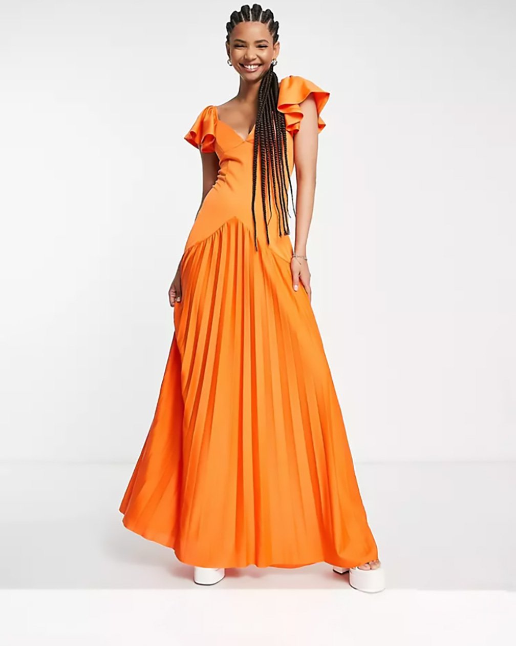 Asos Design Tall ruffle shoulder pleated maxi dress in orange