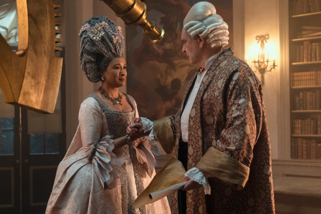 Golda Rosheuvel as Queen Charlotte, James Fleet as King George in Queen Charlotte: A Bridgerton Story