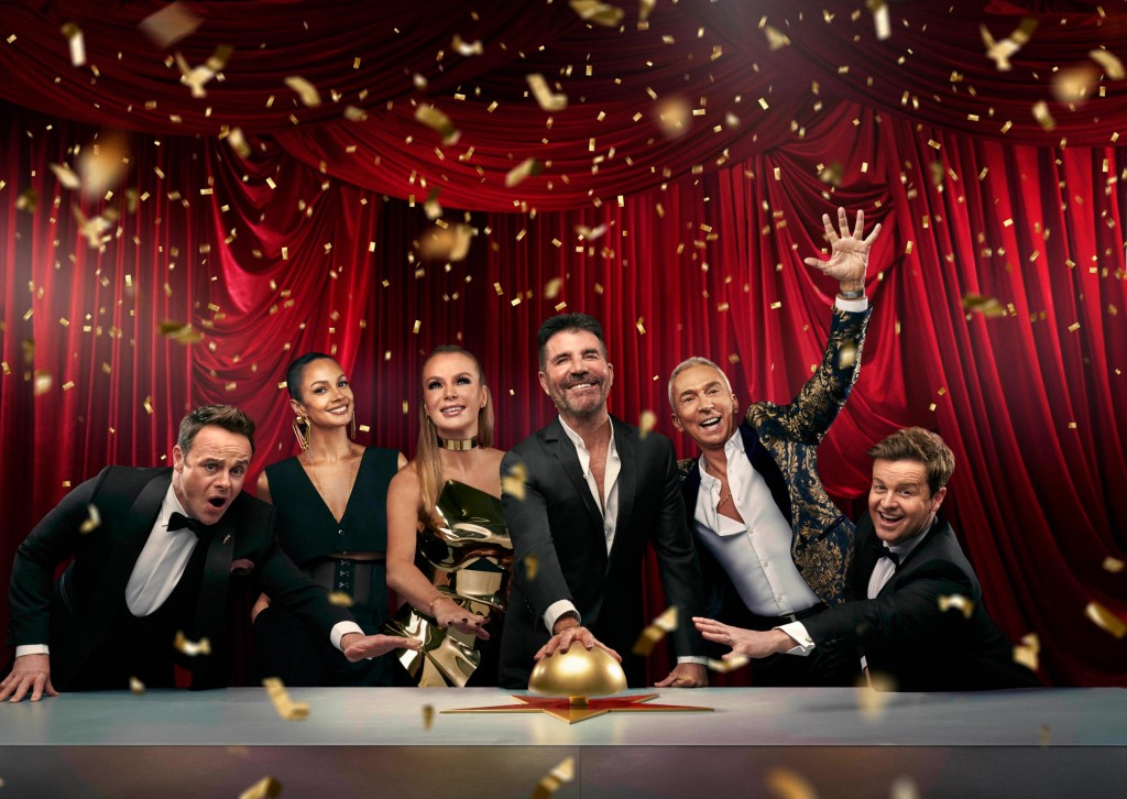 This image and the information contained herein is strictly embargoed until 21.00 Monday 10th April 2023 From Thames Britain???s Got Talent: SR16 on ITV1 and ITVX Pictured: Ant & Dec and Alesha Dixon, Amanda Holden, Simon Cowell, Bruno Tonioli. This photograph is (C) Thames and can only be reproduced for editorial purposes directly in connection with the programme or event mentioned above, or ITV plc. This photograph must not be manipulated [excluding basic cropping] in a manner which alters the visual appearance of the person photographed deemed detrimental or inappropriate by ITV plc Picture Desk. This photograph must not be syndicated to any other company, publication or website, or permanently archived, without the express written permission of ITV Picture Desk. Full Terms and conditions are available on the website www.itv.com/presscentre/itvpictures/terms For further information please contact: james.hilder@itv.com