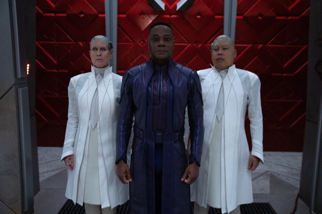 (L-R): Miriam Shor as Recorder Vim, Chukwudi Iwuji as The High Evolutionary, and Nico Santos as Recorder Theel in Marvel Studios' Guardians of the Galaxy Vol. 3