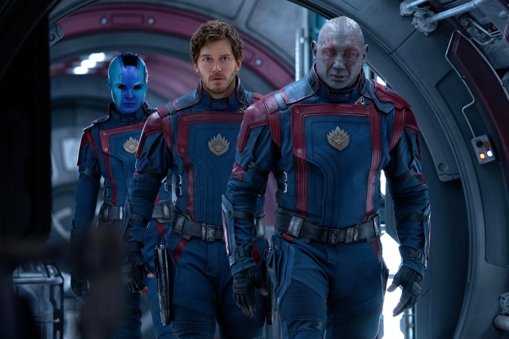 (L-R): Karen Gillan as Nebula, Chris Pratt as Peter Quill/Star-Lord, and Dave Bautista as Drax in Marvel Studios' Guardians of the Galaxy Vol. 3