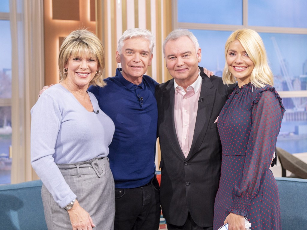 Editorial use only Mandatory Credit: Photo by S Meddle/ITV/Shutterstock (10550528s) Phillip Schofield and Holly Willoughby with Eamonn Holmes and Ruth Langsford as Phillip Schofield comes out as gay 'This Morning' TV show, London, UK - 07 Feb 2020