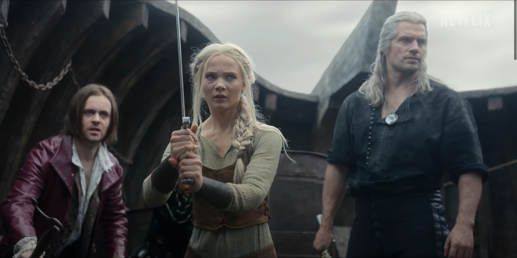 Joey Batey, Freya Allan and Henry Cavill in The Witcher