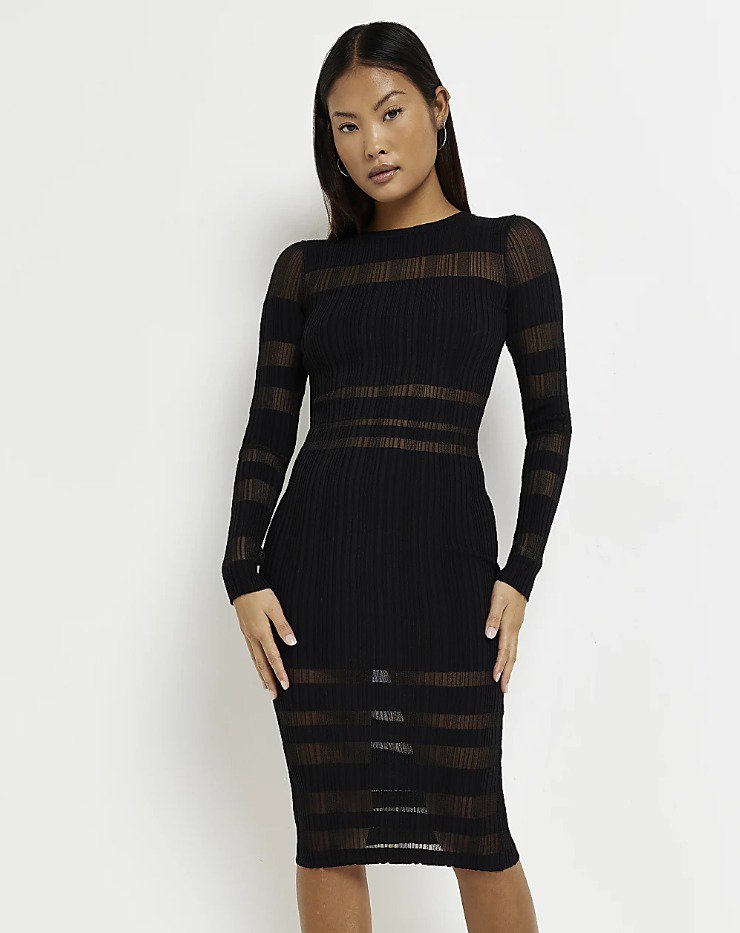 Petite black stripe knit bodycon midi dress