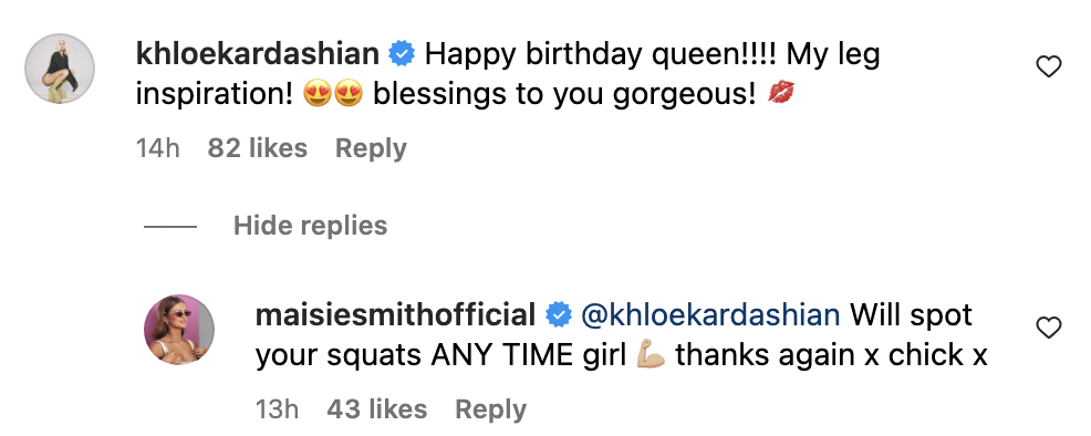 Maisie Smith and Khloe Kardashian Instagram comments