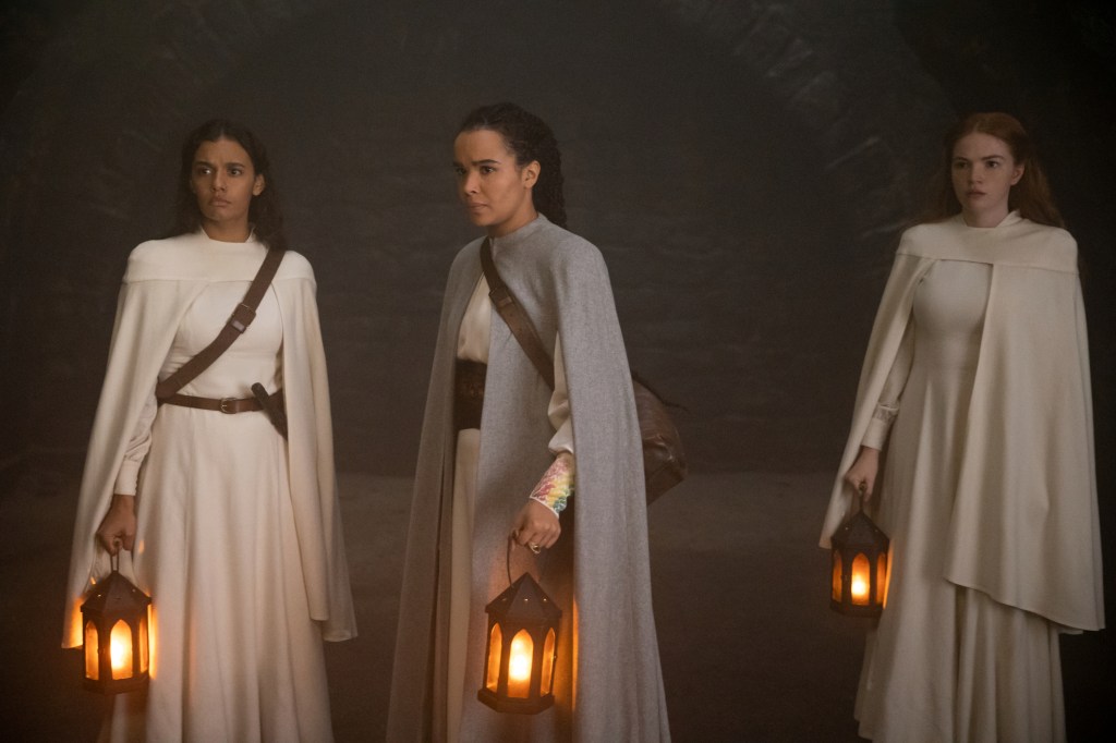 Madeleine Madden, Zoe Robins and Ceara Coveney in The Wheel of Time