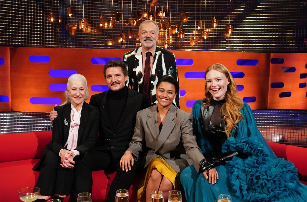 EDITORIAL USE ONLY Helen Mirren, Pedro Pascal, Graham Norton, Ariana DeBose and Freya Ridings during the filming for the Graham Norton Show at BBC Studioworks 6 Television Centre, Wood Lane, London, to be aired on BBC One on Friday evening. 