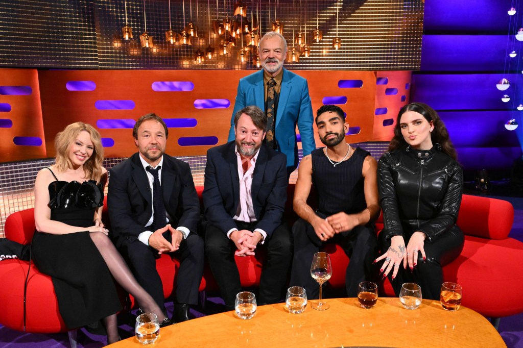 EDITORIAL USE ONLY Host Graham Norton with (front row left to right) Kylie Minogue, Stephen Graham, David Mitchell, Mawaan Rizwan and Mae Muller during filming for the Graham Norton Show at BBC Studioworks 6 Television Centre, Wood Lane, London, to be aired on BBC One on Friday evening. Picture date: Thursday September 28, 2023. PA Photo. See PA story SHOWBIZ Norton. Photo credit should read: Matt Crossick/PA Wire