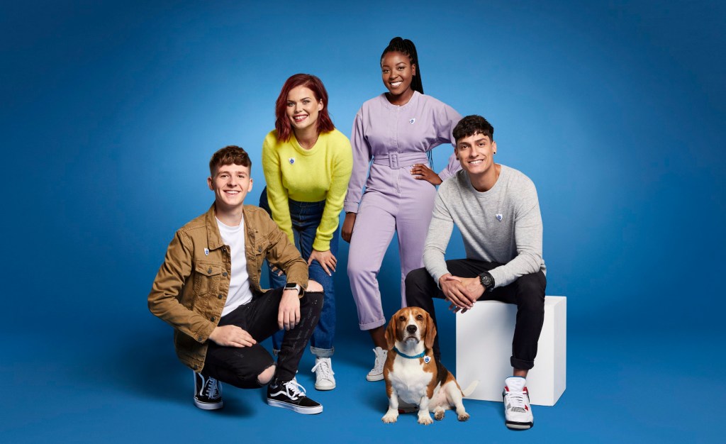 Blue Peter presenters - publicity picture from the BBC October 2020 BBC's Blue Peter team (from left) Adam Beales, Lindsey Russell, Mwaka Mudenda and Richie Driss with Henry the dog