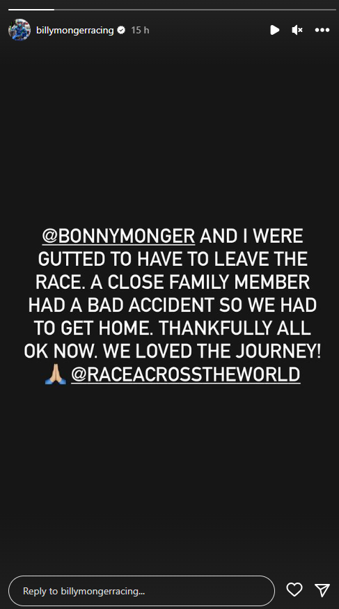 Billy Monger's Instagram statement on leaving Celebrity Race Across The World
