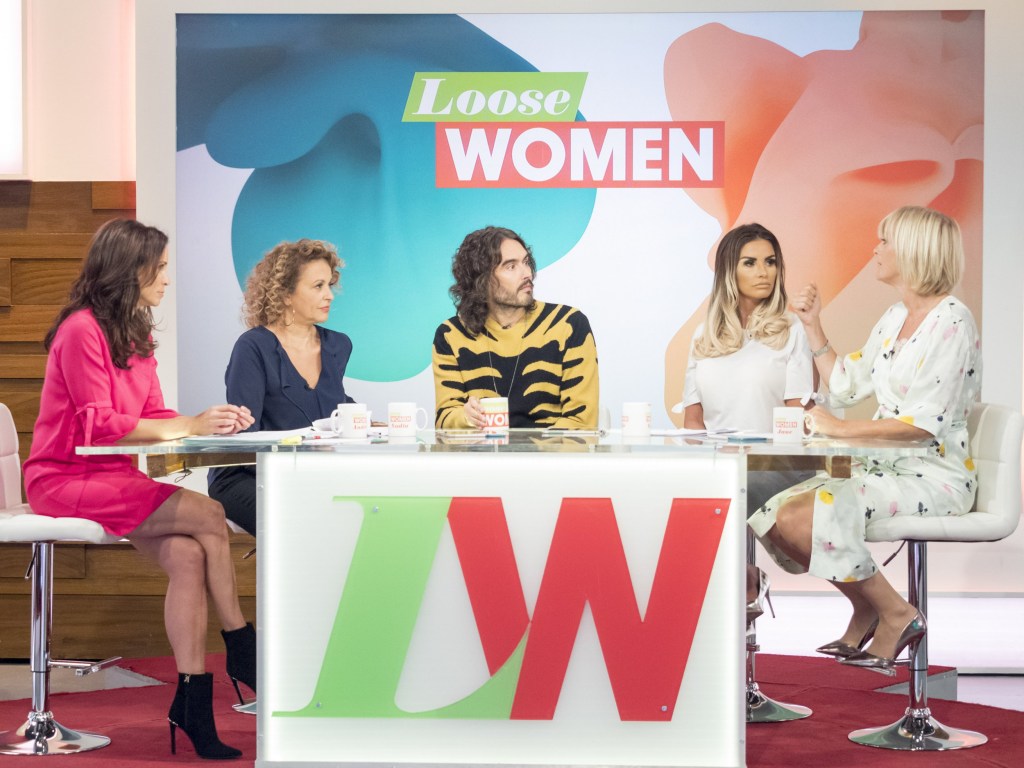 (L to R) Andrea McLean, Nadia Sawalha, Russell Brand, Katie Price and Jane Moore on 'Loose Women' in 2017