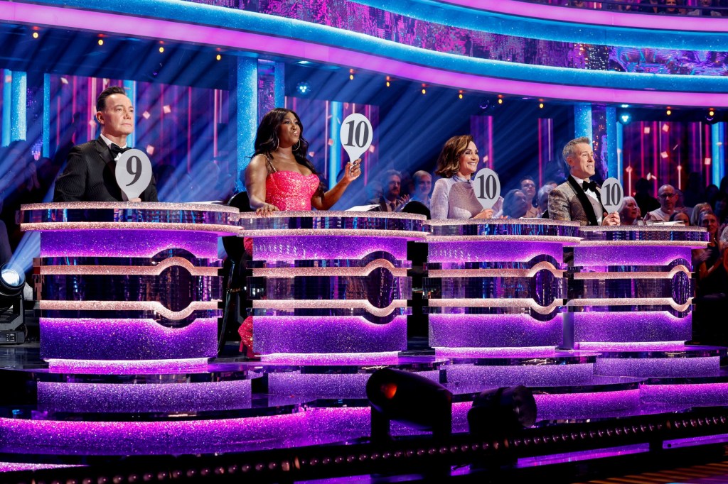 For use in UK, Ireland or Benelux countries only BBC handout photo of the Strictly Come Dancing judges (left to right) Craig Revel Horwood, Motsi Mabuse, Shirley Ballas and Anton Du Beke during their appearance on the live show on Saturday for BBC1's Strictly Come Dancing. Picture date: Saturday October 21, 2023. PA Photo. See PA story SHOWBIZ Strictly. Photo credit should read: Guy Levy/BBC/PA Wire NOTE TO EDITORS: Not for use more than 21 days after issue. You may use this picture without charge only for the purpose of publicising or reporting on current BBC programming, personnel or other BBC output or activity within 21 days of issue. Any use after that time MUST be cleared through BBC Picture Publicity. Please credit the image to the BBC and any named photographer or independent programme maker, as described in the caption.