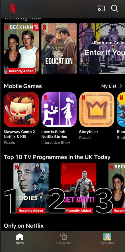 The Netflix mobile app showing the mobile games available