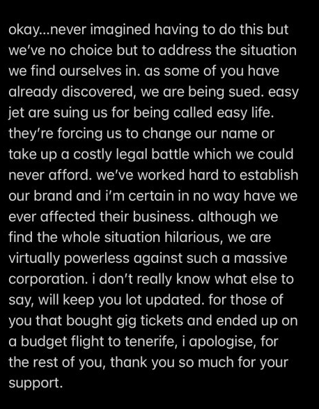 EasyJet sue indie band Easy Life over their name dubbing it 'very unfair'