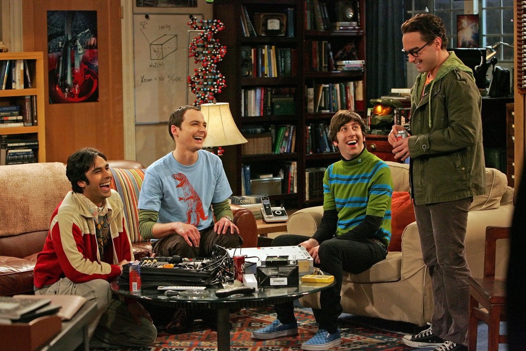 Raj Koothrappali (Kunal Nayyar, far left), Sheldon Cooper (Jim Parsons, second from left), Howard Wolowitz (Simon Helberg, second from right) and Leonard Hofstadter (Johnny Galecki, far right)