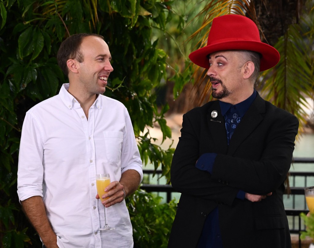 Editorial use only Mandatory Credit: Photo by James Gourley/ITV/Shutterstock (13641268n) Matt Hancock and Boy George 'I'm a Celebrity... Get Me Out of Here!' The Coming Out Show, Series 22, Australia - 29 Nov 2022 I'm a Celebrity' Get Me Out Of Here! The Coming Out Show airs Thursday 1st Dec at 21:15 on ITV1 and ITV Hub