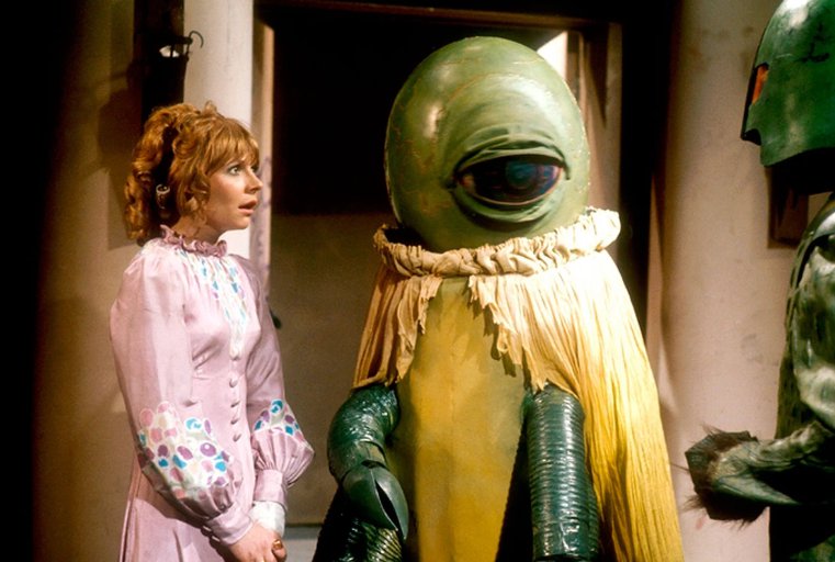Katy Manning as Jo in Doctor Who with the alien Alpha Centauri
