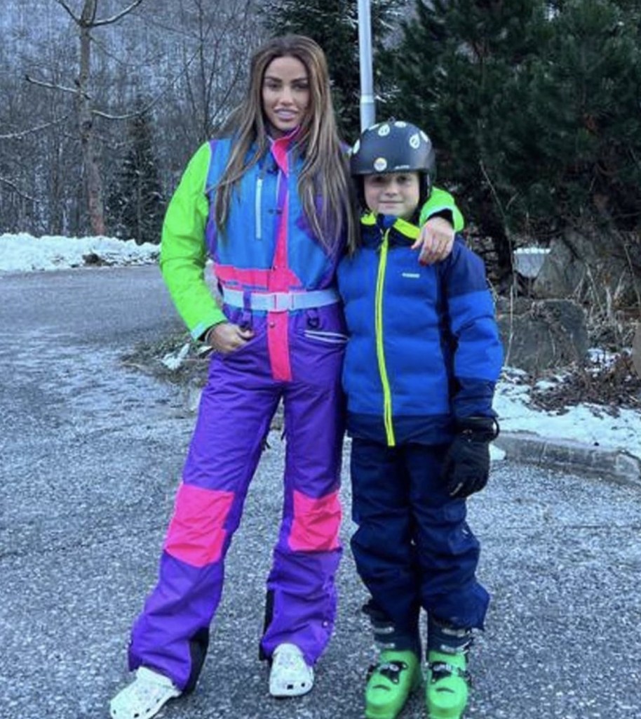 Katie Price in ski clothes with her son, Jett