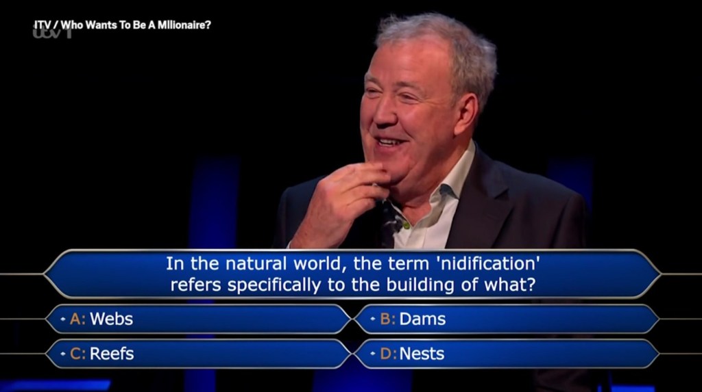 Jeremy Clarkson grinning on Who Wants To Be A Millionaire? 