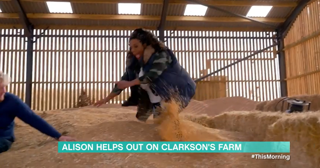 Alison Hammond trips on a pile of hay.
