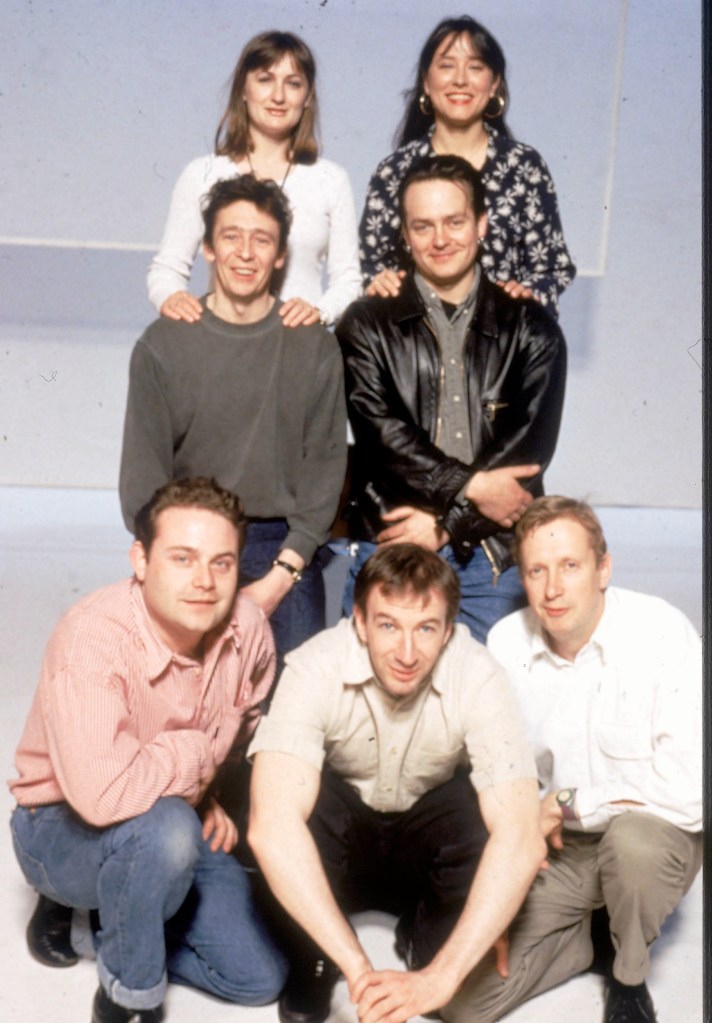 The cast of The Fast Show, from back left, Caroline Aherne, Arabella Weir, Paul Whitehouse, Charlie Higson, John Thomson, Simon Day and Mark Williams. 