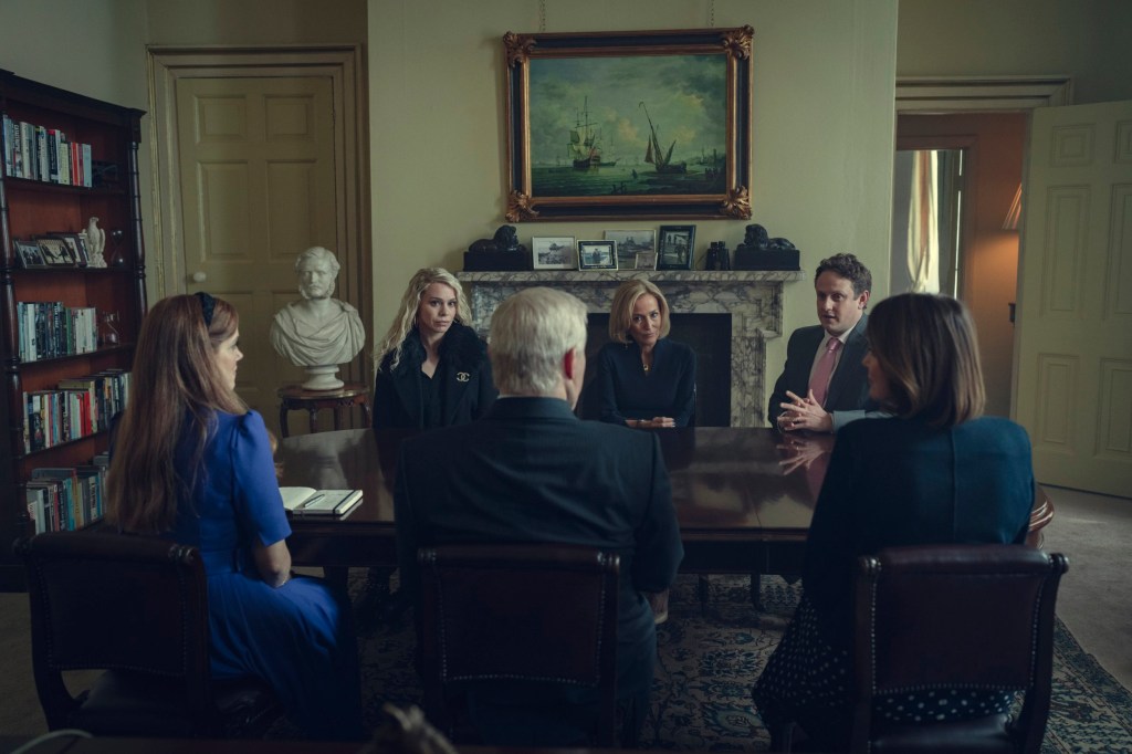 Netflix's SCOOP still, showing Billie Piper as Sam McAlister, Gillian Anderson as Emily Maitlis and the backs of Charity Wakefield as Princess Beatrice, Rufus Sewell as Prince Andrew and Keeley Hawes as Amanda Thirsk