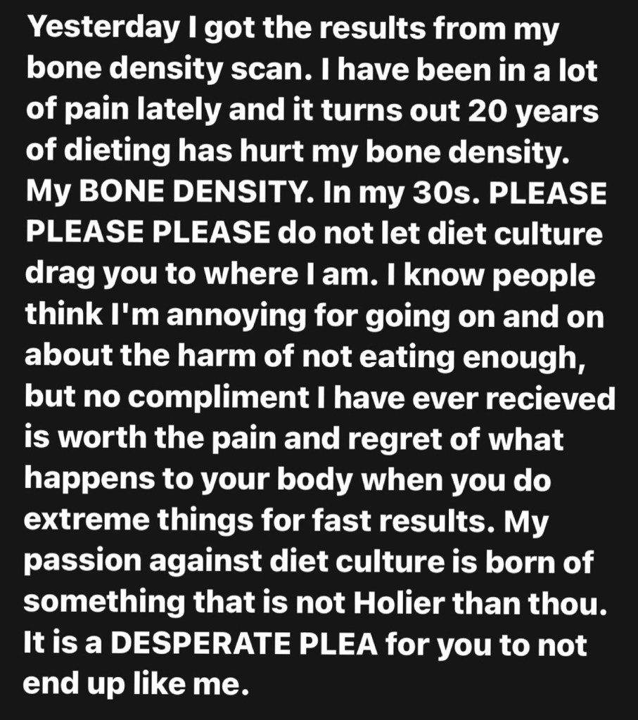Jameela Jamil's Instagram post saying 20 years of dieting has damaged her bones permanently