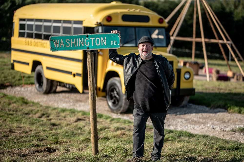 Johnny Vegas with old American school bus