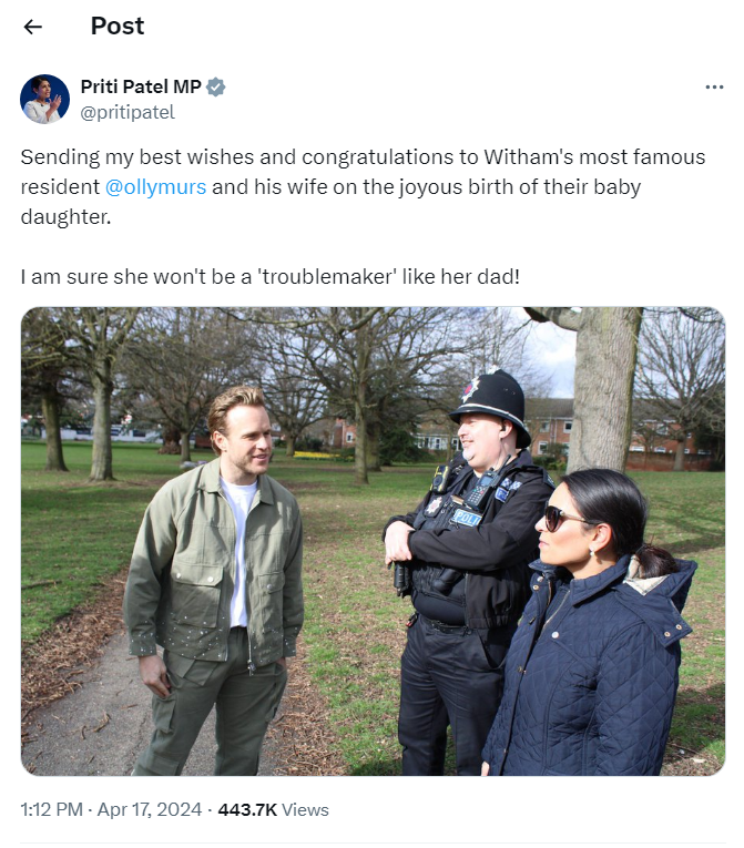 Priti Patel dragged for bizarre post celebrating Olly Murs' baby 